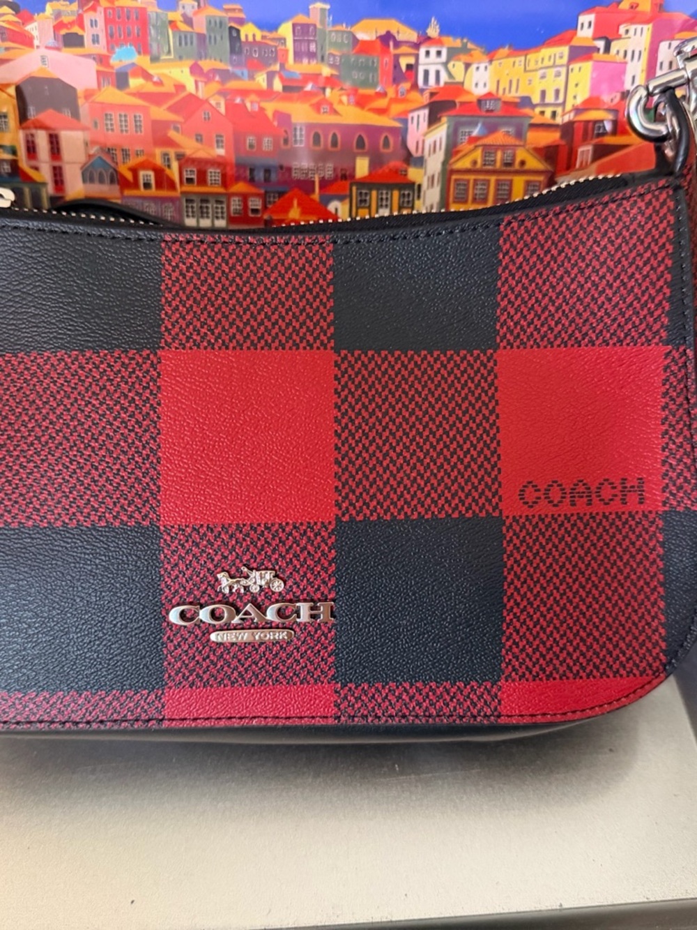 Coach Red and Black Buffalo Plaid Shoulder Bag